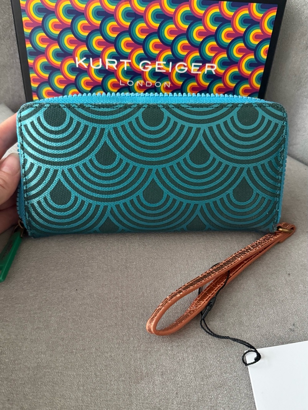 Kurt Geiger Teal Patterned Wallet with Pink Logo Patch - Picture 5 of 7